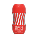 Tenga Rolling Gyro Roller Cup Masturbator in red casing with striped design for a unique pleasure experience.