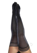Kixies Kaylee Shimmer Thigh High Tights Size B Medium Grey shown in black with shimmering finish and stylish striped bands.