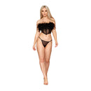 Dreamgirl Stretch Mesh Bustier And G-string Set Black featuring a model in black lingerie with feather accents.