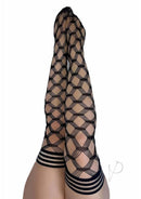 Kixies Cassandra Layered Fence Net Thigh Highs Medium Black showcasing bold textured fishnet design and stylish striped tops.