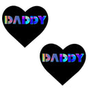 Neva Nude Daddy Heart Vinyl Pasties Black featuring two glossy heart-shaped designs with colorful 'DADDY' text.