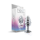 Nixie Ribbed Metal Butt Plug Honey Dipper Small packaging and product display with rainbow jewel base.