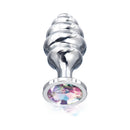 Nixie Ribbed Metal Butt Plug Honey Dipper Small with rainbow jewel base, smooth tapered design for anal pleasure.