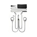 Nixie Metal Bondage 8-piece Kit Silver accessories arranged, including handcuffs and chain for power play exploration.