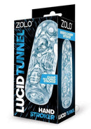 Zolo Hand Stroker Lucid Tunnel Clear packaging showcasing a clear textured stroker with ribbed and nubby interior.