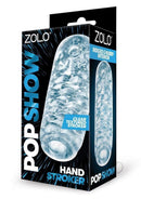 Zolo Pop Show Textured Hand Stroker Clear packaging showcasing its clear, ridged, and nubby design for enhanced sensations.