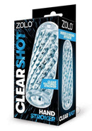 Zolo Clear Shot Textured Hand Stroker packaging showcasing clear material and ribbed interior design.
