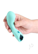 Minnie's Wink Silicone G-Spot Vibrator Aqua held in a hand, showcasing its curved design and sleek aqua finish.