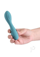 X and O's Cherish Silicone Curved Vibrator Teal held in hand, highlighting its ergonomic design for comfort and pleasure.