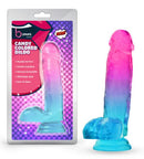 B Yours Candy Colored Dildo 6.75 inches in blue and pink with suction cup base and vibrant design.