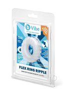 B-Vibe Flex Ring Ripple Silicone Cock Ring White in packaging with information on comfort and material.