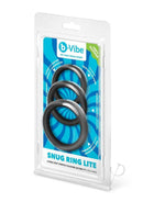 B-Vibe Snug Ring Lite Silicone Cock Ring 3 Pack Black in smooth packaging featuring three black silicone rings.