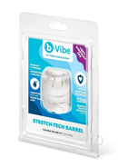 B-Vibe Stretch Tech Barrel Ultra Stretchy Cock Ring Clear in packaging with details on comfort and fit.