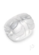 B-Vibe Stretch Tech Barrel Ultra Stretchy Cock Ring Clear, showcasing its clear soft TPE material and barrel shape.