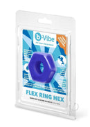 B-Vibe Flex Ring Hex Silicone Cock Ring Blue in packaging showcasing its features and design, highlighting comfort and elasticity.
