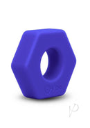 B-Vibe Flex Ring Hex Silicone Cock Ring Blue displayed from the side, showcasing its hexagonal shape and smooth silicone material.