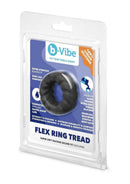 B-Vibe Flex Ring Tread Silicone Cock Ring Black in packaging showcasing its super soft silicone material and features.