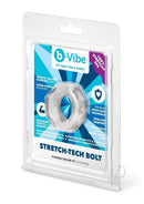B-Vibe Stretch Tech Bolt Ultra Stretchy Cock Ring Clear in packaging, showcasing its stretchy, body-safe design.