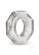B-Vibe Stretch Tech Bolt Ultra Stretchy Cock Ring Clear shown in clear material with a hexagonal shape.