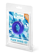B-Vibe Flex Ring GT Silicone Cock Ring 32mm Blue packaging featuring a blue silicone cock ring in clear packaging.