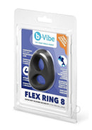 B-Vibe Flex Ring Eight Silicone Cock Ring Black packaged view with branding and product details.