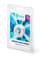 B-Vibe Stretch Tech Choke Cock Ring Clear packaging showing its elastic design and key features.