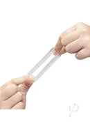 B-Vibe Stretch Tech Choke Cock Ring Clear being stretched between two hands.