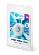B-Vibe Stretch Tech Swirl Ultra Stretchy Cock Ring Clear packaging featuring skin-like comfort and extreme elasticity.