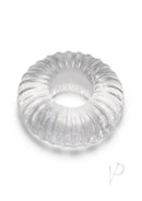 B-Vibe Stretch Tech Swirl Ultra Stretchy Cock Ring Clear displayed on a white background.