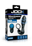 Jock Shockwave E-Stim Anal Plug with Cock Ring Black packaging featuring ultra stimulation design.