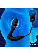 Jock Shockwave E-Stim Anal Plug with Cock Ring Black delivering vibrations and electrostimulation for enhanced pleasure.