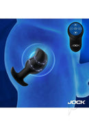 Jock Volt E-Stim Silicone Curved Prostate Plug Black showcasing electrostimulation features and remote control.