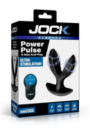 Jock Power Pulse E-Stim Remote Control Anal Plug Black packaging with plug and remote control displayed.