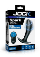 Jock Spark E-Stim Slim Silicone Prostate Plug Black packaging with remote control for electro-stimulation and vibration.