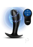 Jock Spark E-Stim Slim Silicone Prostate Plug Black with remote control displaying electro-stimulation effects.