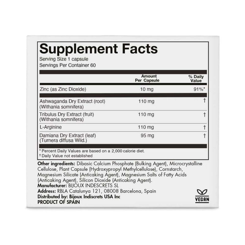 Supplement facts for Bijoux Indiscrets Sex au Naturel Orgasm Glow Supplement 60 Pc detailing ingredients and nutritional values.