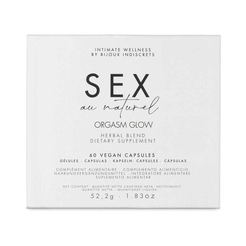 Bijoux Indiscrets Sex au Naturel Orgasm Glow Supplement 60 Pc herbal blend dietary supplement packaging.