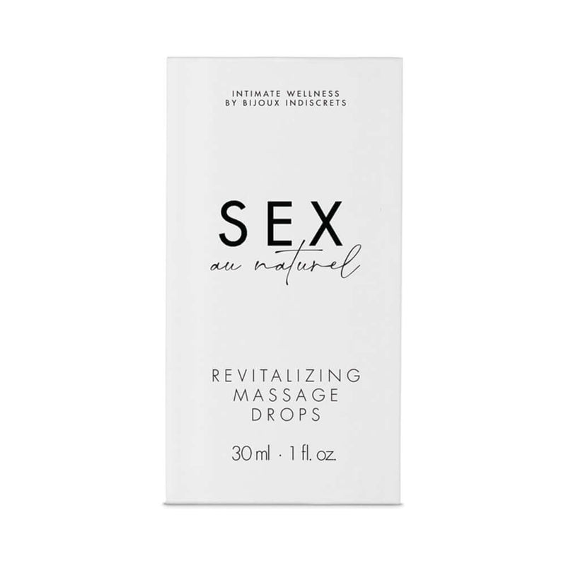 Bijoux Indiscrets Sex au Naturel Revitalizing Massage Drops 1 Oz packaging front view with elegant design.