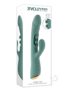 Tapped Out Silicone Vibrator with Stimulator Green in packaging, designed for dual stimulation with see-saw action.