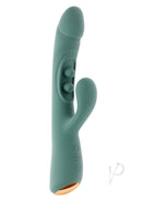Tapped Out Silicone Vibrator with Stimulator Green featuring a contoured shaft and clitoral stimulator.