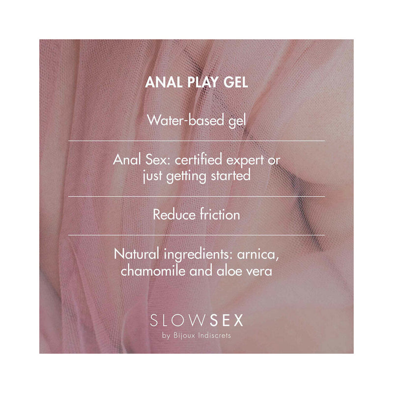Bijoux Indiscrets Slow Sex Anal Play Gel 1 Oz features, water-based formula, natural ingredients, and reduces friction.