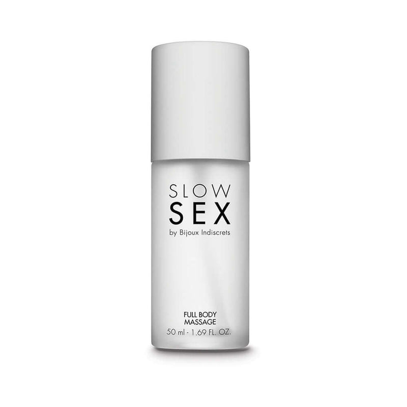 Bijoux Indiscrets Slow Sex Full Body Massage Gel 1.69 Oz bottle with sleek design and luxurious label.