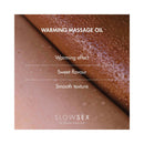 Bijoux Indiscrets Slow Sex Warming Massage Oil 1.69 Oz showcasing warming effect, sweet flavor, and smooth texture.