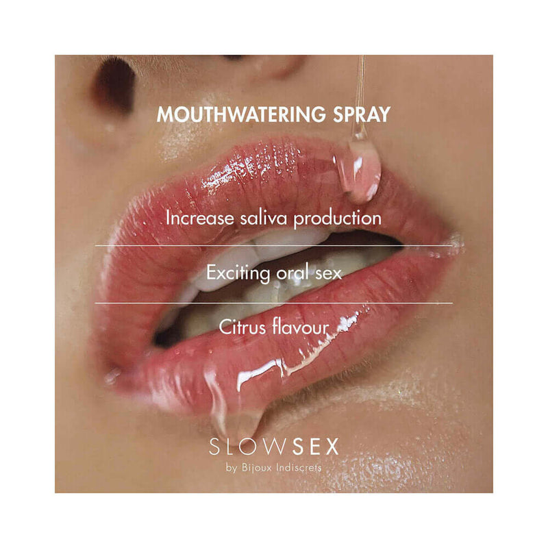 Bijoux Indiscrets Slow Sex Mouthwatering Spray 0.44 Oz product image highlighting citrus flavor and saliva production.