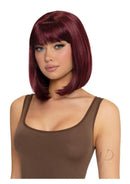 Leg Avenue Angled Bob Wig Burgundy worn by a model, featuring a chic angled bob and rich burgundy color.