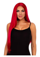 Leg Avenue Long Straight Center Part Wig 33 Inch Red worn by a model with striking red hair and sleek styling.