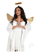 Leg Avenue Metallic Angel Wings and Halo Headband Gold worn by a woman in a white dress, striking a praying pose.