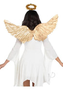 Leg Avenue Metallic Angel Wings and Halo Headband Gold worn by a woman in a white dress.