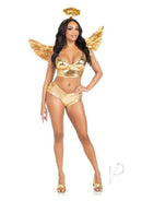 Leg Avenue Metallic Angel Wings and Halo Headband Gold costume model wearing metallic gold outfit with wings and halo.