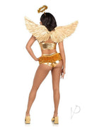 Leg Avenue Metallic Angel Wings and Halo Headband Gold worn by a model showcasing the elegant back view.
